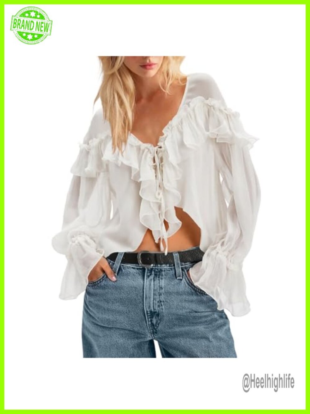 Boho Lace Tie Front Ruffle Top Long Sleeve Flowy Chiffon Blouse V Neck